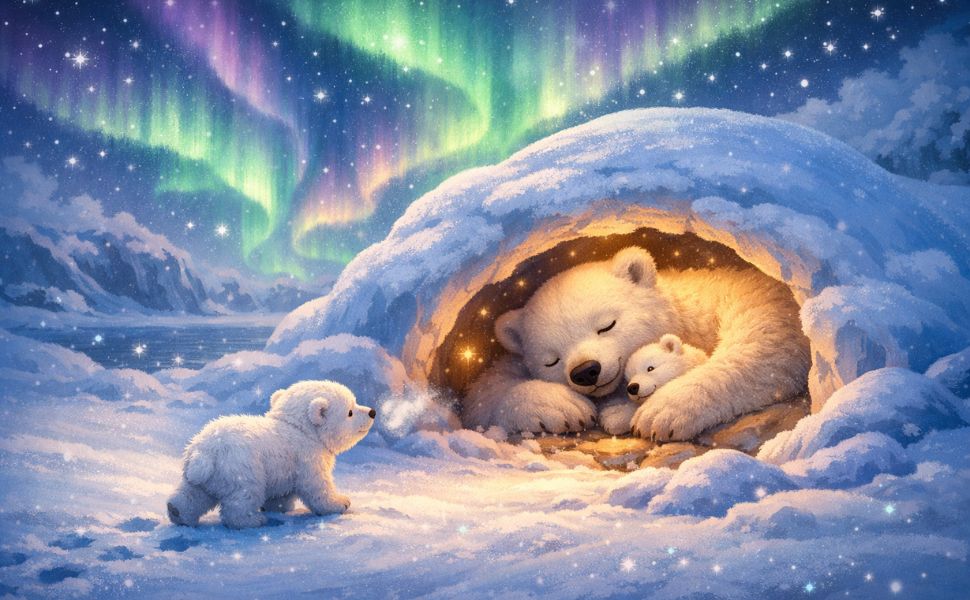 Dwa misie polarne i ich mama w śnieżnej norze pod zorzą polarną
