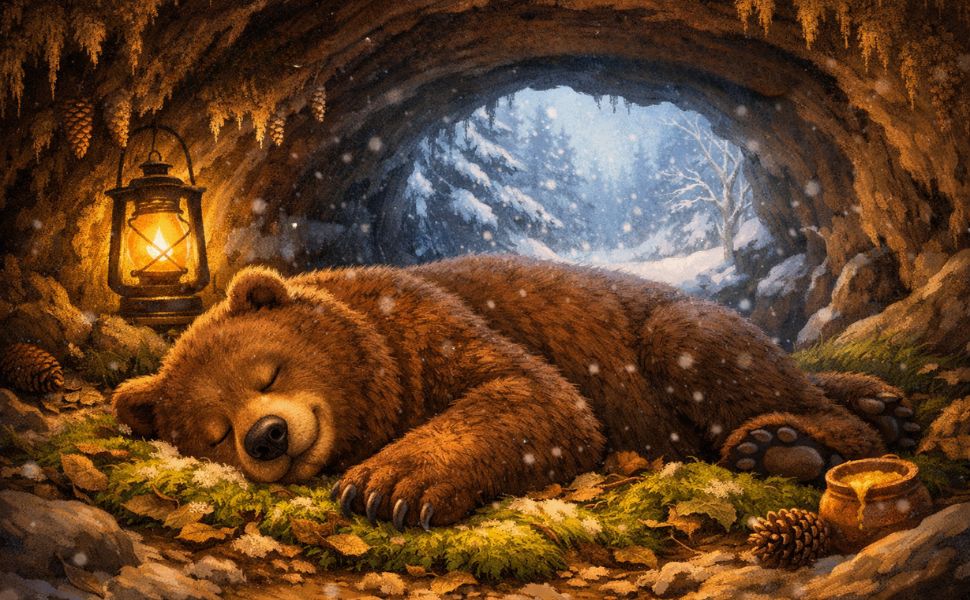 A big brown bear asleep in a cave by a lantern, with snow falling outside