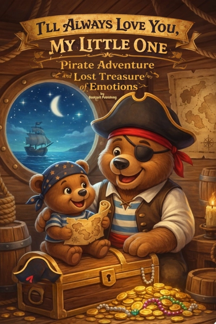 Pirate bedtime story book cover with a dad bear and little bear holding a treasure map at night.