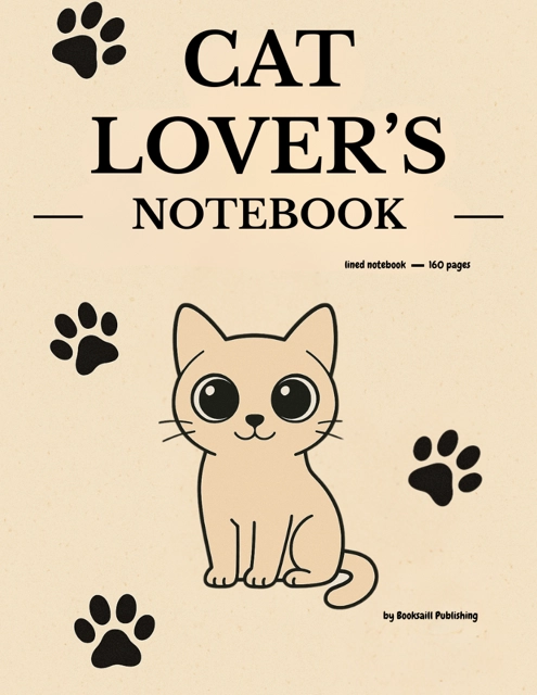 Cat Lover's Notebook cover: a cartoon cat with black paw prints on a beige background