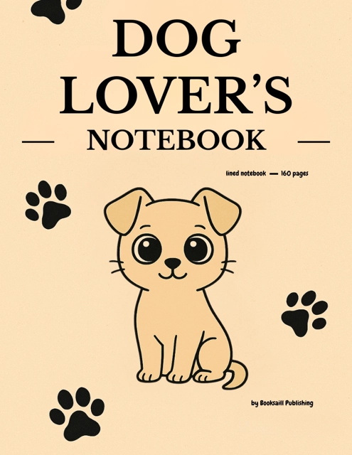 Dog Lover's Notebook cover: a cartoon puppy with black paw prints on a beige background